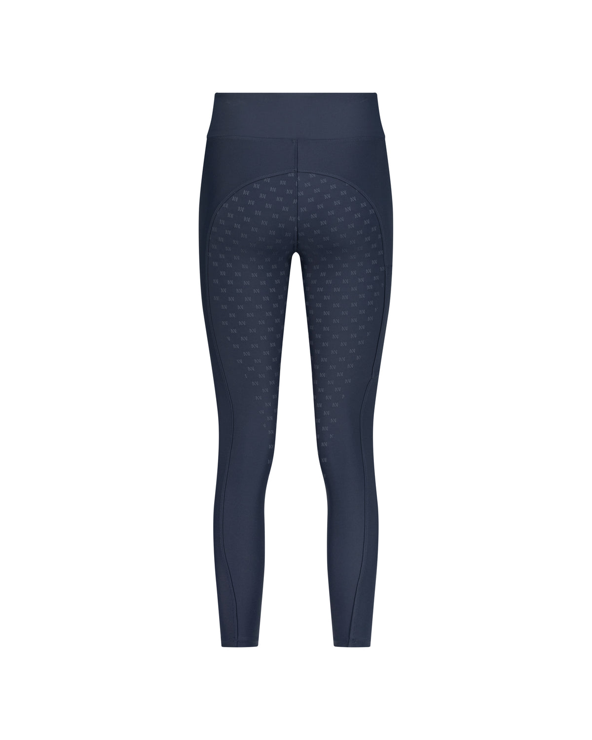 Navy blue riding leggings with a subtle pattern on a white background