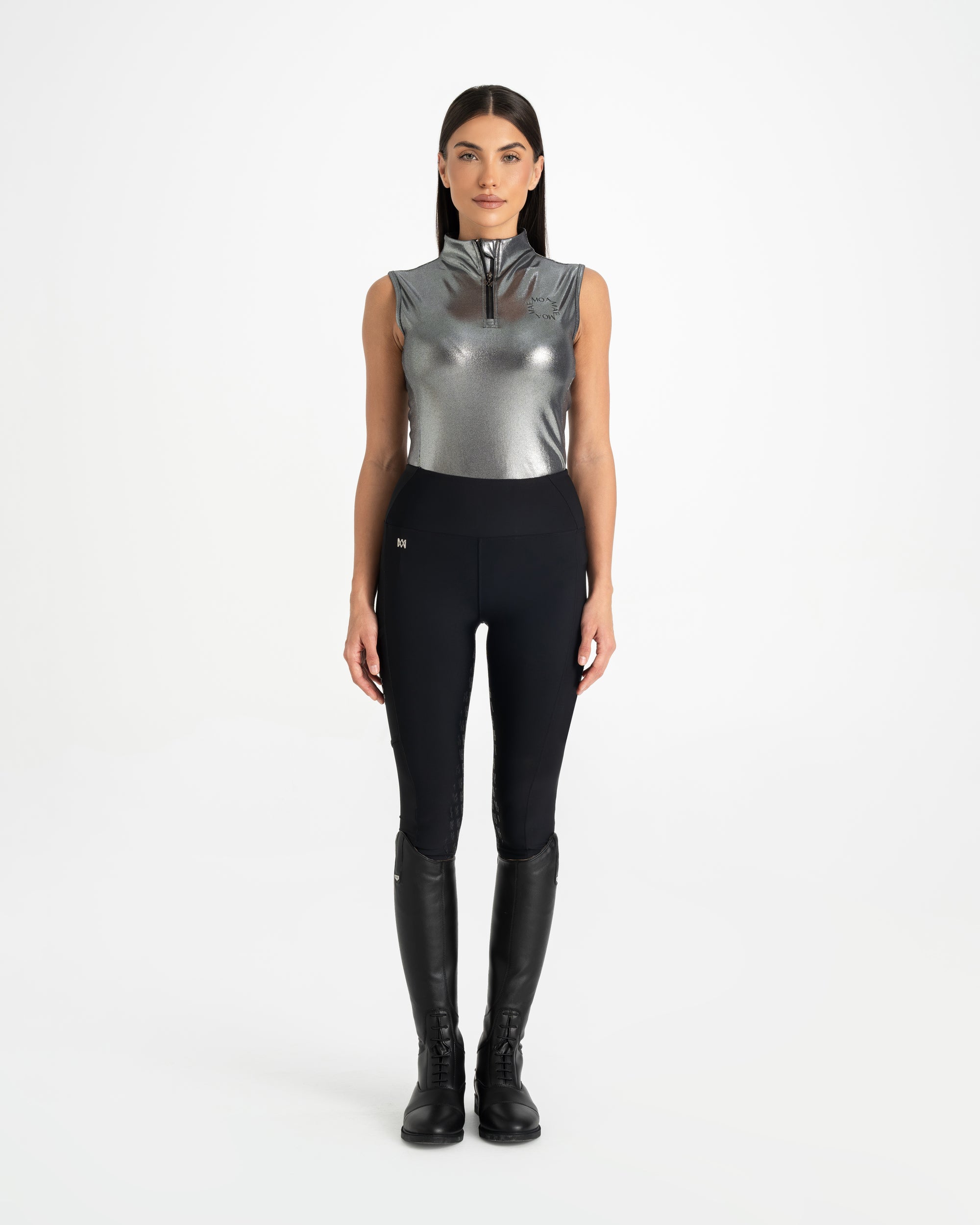 Moá Mae women equestrian base layer sleeveless metallic with black horse riding leggings